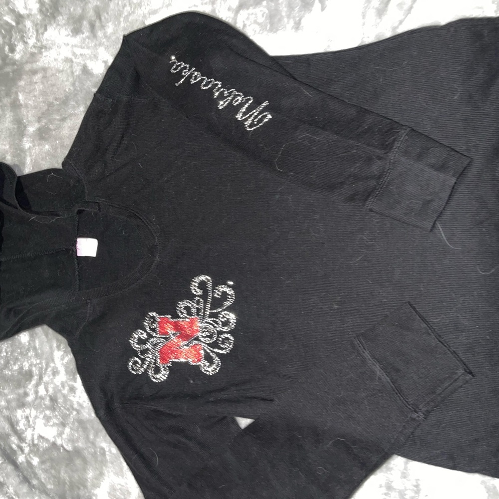 Black Hoodie with Red and Silver Embellishments